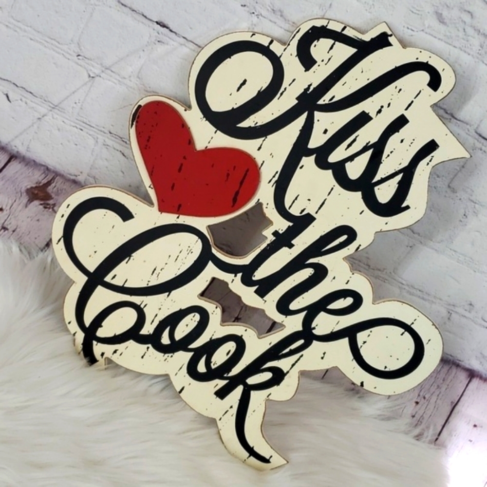 Hobby Lobby Kiss The Cook Chef Kitchen Tabletop Decor Hanging Wood 12"x16" - Picture 8 of 14